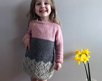 Sweater dress for girls, hand knitted wool dress, age 2-8 years. Girls dress, Hipster sweater dress, lace dress, Winter dress