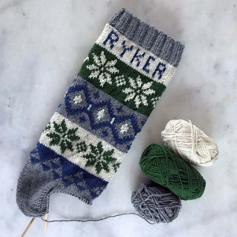 Customized Holiday Stocking, Knit-to-Order Fair Isle Festive Sock, Nordic Nocturne Design, Seasonal Mantel Décor image 2