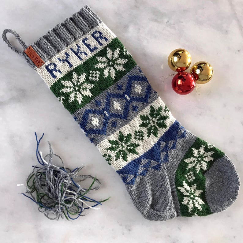 Customized Holiday Stocking, Knit-to-Order Fair Isle Festive Sock, Nordic Nocturne Design, Seasonal Mantel Décor image 1