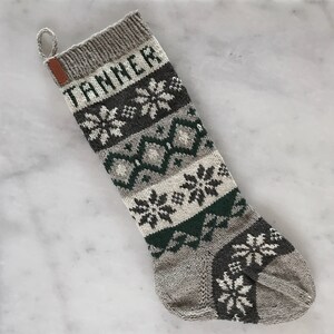 Personalized Christmas Stocking, Hand knitted Christmas Stocking, Nordic Night, Nordic Fair Isle Stocking, leather tag, holiday stocking