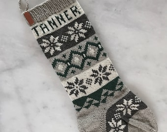 Personalized Christmas Stocking, Hand knitted Christmas Stocking, Nordic Night, Nordic Fair Isle Stocking, leather tag, holiday stocking