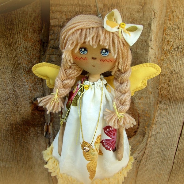 Textile, rag doll, soft handmade doll Zoe, cloth doll, fairy, doll with wings, 13 inches, yellow, red, green, for home decor