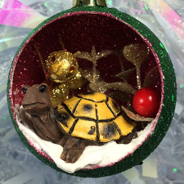 Turtle Winter Wonderland Diorama Green Glittery Christmas Ornament