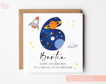 Personalised Little Brother 6th Birthday Card, Special Little Brother Space 6th Birthday Card, Personalised Boys 6th Birthday Card