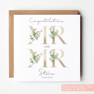 Carte de mariage personnalisée pour Mr et M., Carte de mariage pour couple gay, Carte de date de mariage personnalisée, Carte de mariage feuille or et feuille verte, Carte de mariage