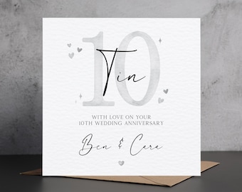 Personalised Tin Anniversary Card, 10th Wedding Anniversary Card, Personalised Tenth Anniversary Card, Friends 10th Anniversary Card