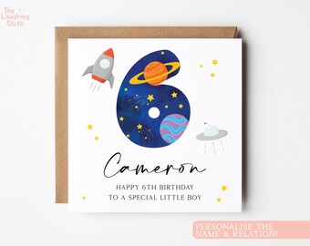 Personalised Little Boy 6th Birthday Card, Special Little Boy Space 6th Birthday Card, Personalised Boy 6th Birthday Card, UFO Birthday Card