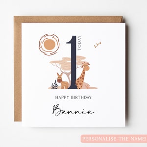 Carte d'anniversaire Boho personnalisée pour premier anniversaire, carte d'anniversaire Safari personnalisée, carte d'anniversaire de bébé garçon, carte d'anniversaire girafe, carte d'anniversaire zèbre