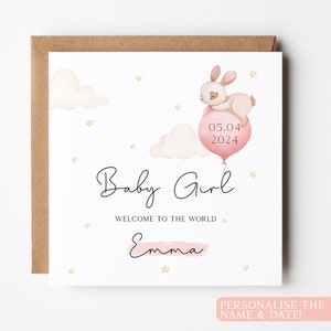Carte personnalisée de bébé fille, carte personnalisée de bébé lapin, carte de bébé fille, Bienvenue dans le monde, carte neutre de bébé fille, carte de ballon