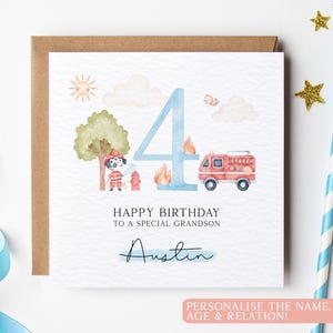 Carte d'anniversaire pompier et chien, carte d'anniversaire personnalisée chien pompier, 1er 2e 3e 4e 5e 6e 7e carte d'anniversaire, carte d'anniversaire petit-fils