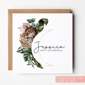 Carte d'anniversaire Boho léopard, carte d'anniversaire personnalisée 18e, carte d'anniversaire florale bohème, carte personnalisée pour elle, carte de feuilles de Boho, 21e