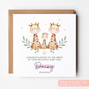 Carte personnalisée de bébé fille, carte de félicitations de bébé fille, carte de bienvenue de bébé fille, carte de bienvenue dans le monde, carte de nouveau bébé girafe