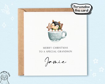 Personalised Grandson Christmas Card, Grandson Penguin Christmas Card, Special Grandson Christmas Card, Personalised Boys Christmas Card