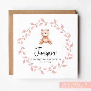 Carte personnalisée de bébé fille ours en peluche, carte de bébé personnalisée nounours, carte de bébé fille, carte de bienvenue dans le monde, carte de nouveau bébé, c'est une fille