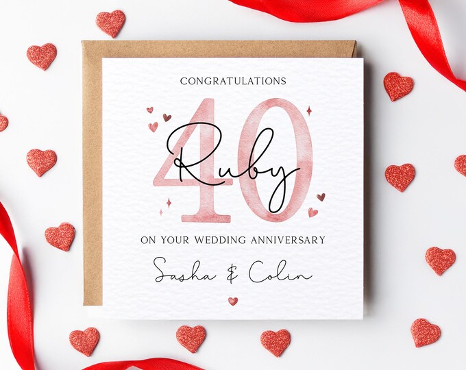 Large 8" Personalised Handmade Ruby Wedding Anniversary Card 40th ...