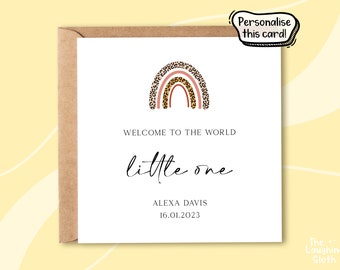 Personalised New Baby Card, Personalised Congratulations Card, Welcome Little One Card, Welcome To The World, Name Card, Leopard Rainbow