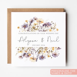 Carte de mariage floral violet, carte de mariage fleurs sauvages, carte de mariage élégante, carte de mariage personnalisée, cadeau de mariage