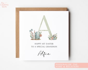 Personalised Grandson First Easter Card, Personalised Easter Card, Baby Boy Rabbit Easter Card, Grandson Easter Card, Grandson First Easter