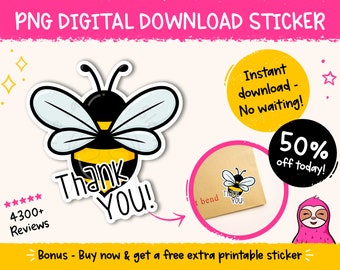 Bumble Bee Thank You Printable Sticker, Instant Downloadable PNG Sticker, Bee Thank You Sticker, Bee Downloadable Sticker, Business Sticker