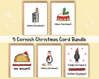 Pack of 5 Cornish Christmas Card Bundle, Cornwall Christmas Card Bundle, Bundle Cornish Themed Christmas Cards, Funny Christmas Cards
