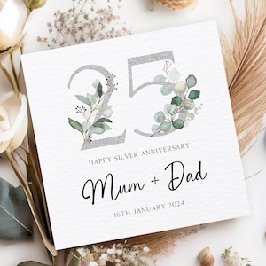 Carte d'anniversaire argentée pour maman et papa, carte d'anniversaire de mariage pour les parents, carte de 25e anniversaire de mariage, carte personnalisée pour les parents