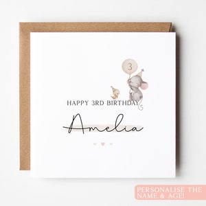 Jolie carte d'anniversaire de 3e anniversaire de souris, carte d'anniversaire de petite-fille, carte d'anniversaire spéciale nièce, 3e anniversaire de fille personnalisé, anniversaire de souris et d'oiseau