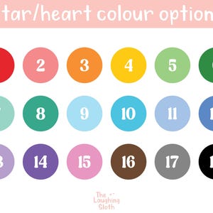 May include: An image displaying eighteen coloured circles, each with a number from 1 to 18. The circles are arranged in rows and columns, with the text "Star/heart colour options" above. The colours include red, pink, orange, yellow, green, teal, blue, purple, brown, grey, and black.