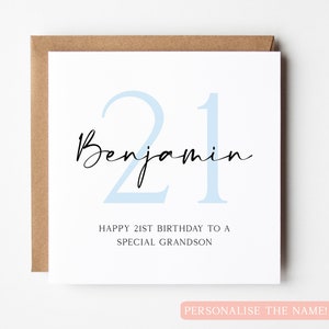 Carte bleue personnalisée de petit-fils joyeux 21e anniversaire, carte personnalisée spéciale de petit-fils 21e anniversaire, carte d'anniversaire pour lui