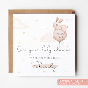 Carte personnalisée neutre pour baby shower, cadeau baby shower, carte baby shower d'un ami, carte spéciale future maman, carte de bébé lapin et ballon