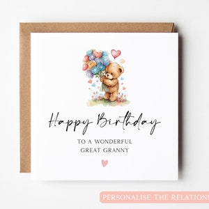 Carte d'anniversaire arrière-grand-mère ours en peluche, carte d'anniversaire arrière-grand-mère ours et ballons, jolie carte d'anniversaire arrière-grand-mère, des petits-enfants
