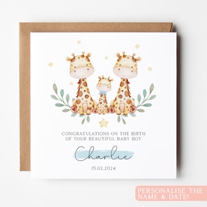 Carte personnalisée de bébé garçon, carte de félicitations de bébé garçon, carte de bienvenue de bébé garçon, carte de bienvenue dans le monde, carte de nouveau bébé girafe