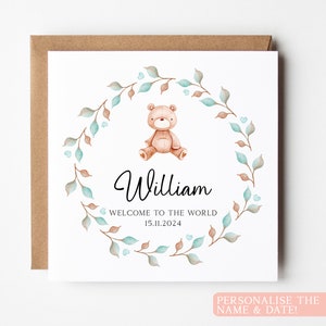 Carte personnalisée de bébé garçon nounours, carte de bébé personnalisée nounours, carte de bébé garçon, carte de bienvenue dans le monde, carte de bébé nouveau-né, c'est un garçon
