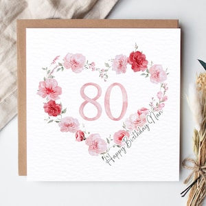 Carte d'anniversaire florale personnalisée pour les 80 ans, carte d'anniversaire de nan rose, carte des 80e roses roses pour maman, grand-mère, grand-mère, tout nom ou relation, tout âge
