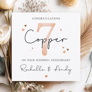 Carte d'anniversaire personnalisée en cuivre, carte du 7e anniversaire de mariage, carte du septième anniversaire, 7e anniversaire d'un ami, cadeau d'anniversaire en cuivre