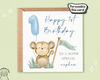 Personalised Nephew 1st Birthday Card, Nephew Monkey 1st Birthday Card, Special Nephew 1st Birthday Card, Personalised Boy 1st Birthday Card