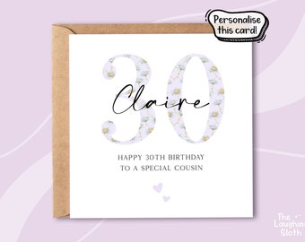 30th Birthday Card For Cousin, Personalised Cousin 30th Birthday Card, Daisy Birthday Card, Special Cousin Birthday, Cousin Flower Card