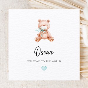 Carte personnalisée de bébé garçon ours en peluche, carte personnalisée de nouveau-né, carte de bébé garçon, carte de bienvenue dans le monde, carte de nouveau-né, carte c'est un garçon