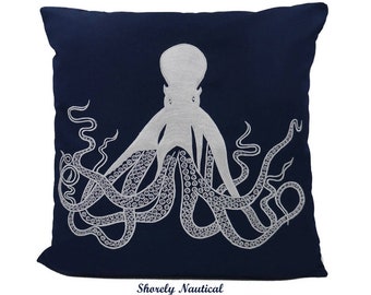 Nautical Octopus Pillow Cover,Lake House Decor,Beach Decor,Coastal Decor,Nursery,Nautical Gifts,Embroidery Pillow,Navy,Fits 18"x18" Insert