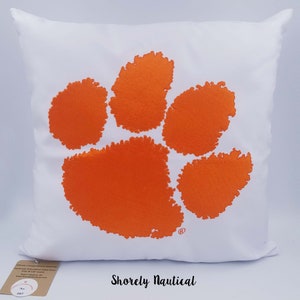 Clemson University, Tiger Paw, Clemson Pillow Cover,Officially Licensed,Embroidered Pillow,,Fits 18"x18" Insert,White,Graduation Gift