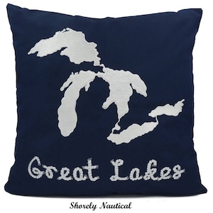 Nautical Great Lakes Pillow Cover,Lake House Decor,Beach Decor,Coastal Decor,Nursery,Nautical Gifts,Embroidery,Navy,Fits 18"x18" Insert