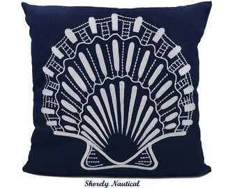 Nautical Oyster Pillow Cover,SeaShell,Lake House Decor,Beach Decor,Coastal Decor,Nursery,Nautical Gifts,Embroidery,Navy,Fits 18"x18" Insert