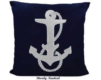 Nautical Anchor Pillow Cover,Lake House Decor,Beach Decor,Coastal Decor,Nursery,Nautical Gifts,Embroidery Pillow,Navy,Fits 18"x18" Insert