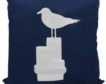 Nautical Seagull Pillow Cover,Lake House Decor,Beach Decor,Coastal Decor,Nursery,Nautical Gifts,Embroidery Pillow,Navy,Fits 18"x18" Insert