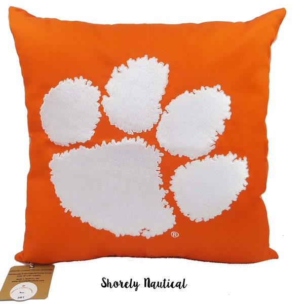 Clemson University, Tiger Paw, Clemson Pillow Cover,Officially Licensed,Embroidered Pillow,,Fits 18"x18" Insert,Orange,Graduation Gift