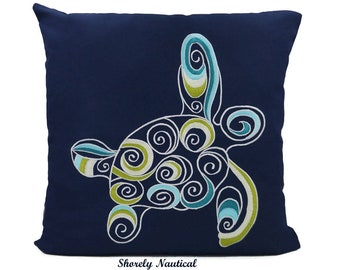 Nautical Turtle Pillow Cover,Lake House Decor,Beach Decor,Coastal Decor,Nursery,Nautical Gifts,Embroidery Pillow,Navy,Fits 18"x18" Insert