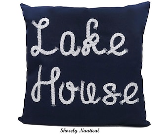 Nautical Lake House Pillow Cover,Lake House Decor,Coastal Decor,Nautical Nursery,Nautical Gifts,Embroidery Pillow,Navy,Fits 18"x18" Insert