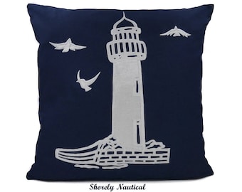 Nautical Lighthouse Pillow Cover,Lake House Decor,Beach Decor,Coastal Decor,Nursery,Nautical Gifts,Embroidery,Navy,Fits 18"x18" Insert