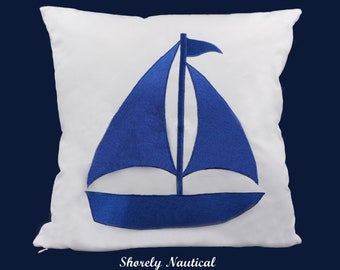 Nautical Sailboat Pillow Cover,Lake House Decor,Beach Decor,Coastal Decor,Nursery,Nautical Gifts,Embroidery Pillow,White,Fits 18"x18" Insert