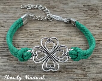 Adjustable Shamrock Rope Bracelet,Shamrock Bracelet,Green,Irish,St Patricks Day, Woman's Bracelet,Girls Bracelet,Good Luck,