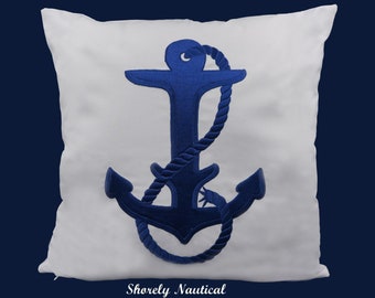 Nautical Anchor Pillow Cover,Lake House Decor,Beach Decor,Coastal Decor,Nursery,Nautical Gifts,Embroidery Pillow,White,Fits 18"x18" Insert